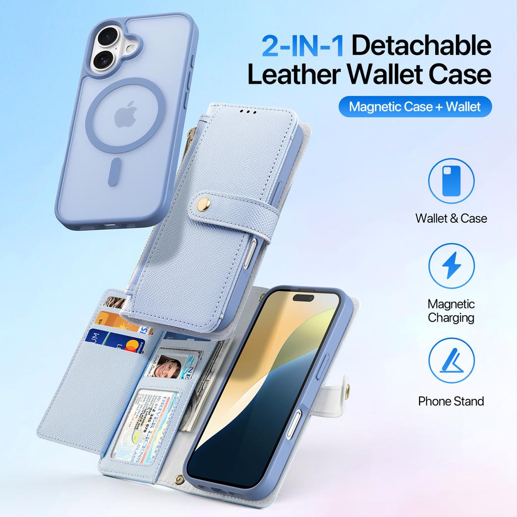 DUX DUCIS Lawa Series for iPhone 16 Magnetic Case Detachable Zipper Wallet Cowhide Leather Cover