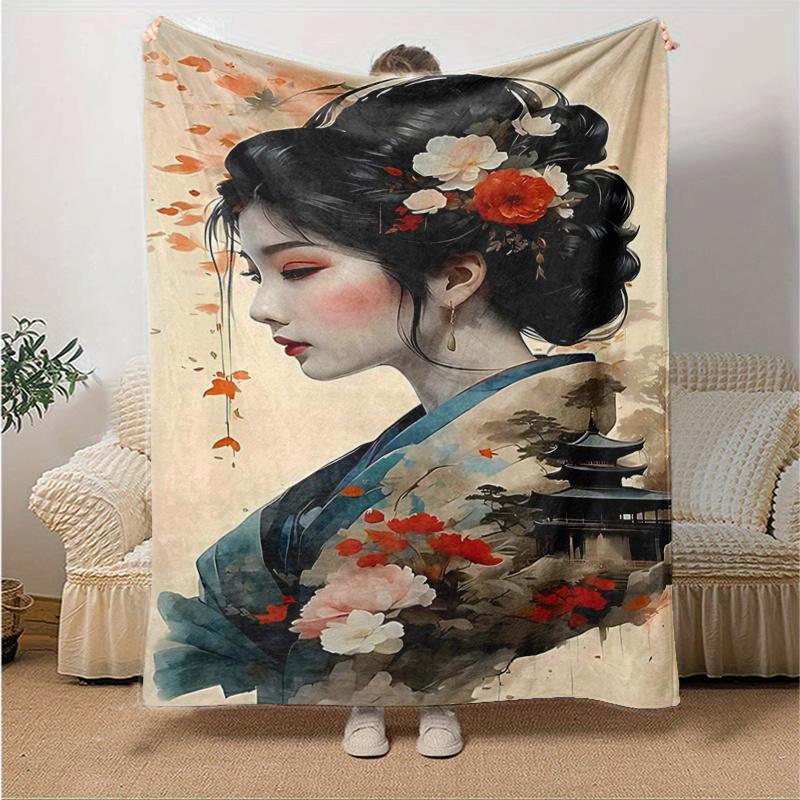1pc Japanese Geisha Floral Print Blanket Home Decor, Sofa Throw, Outdoor Blanket .W050