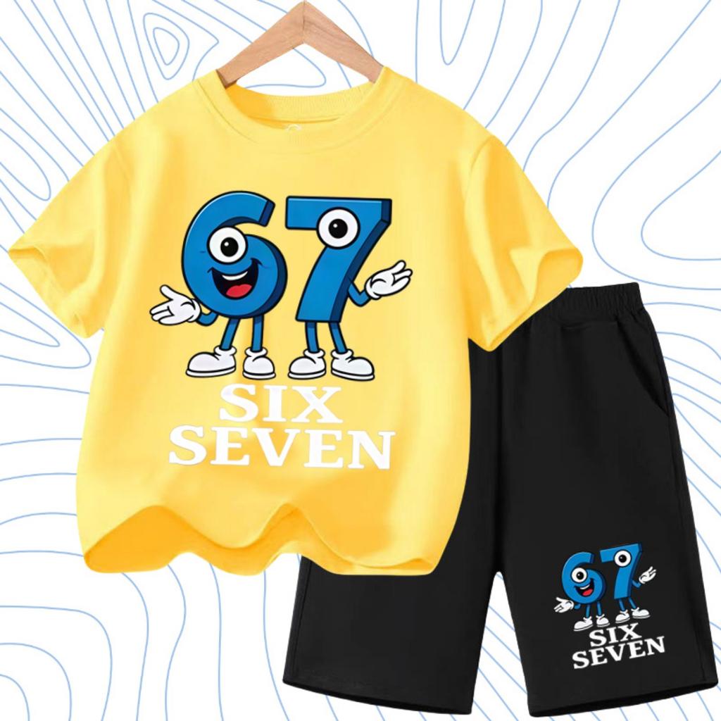 Nuova T-shirt Estiva Fresca per Bambini con Stampa Numero Sei Sette (67) 3-12 Anni Abbigliamento Cartone Animato Manica Corta + Pantaloncini Set Sportivo Casual per Ragazzi e Ragazze