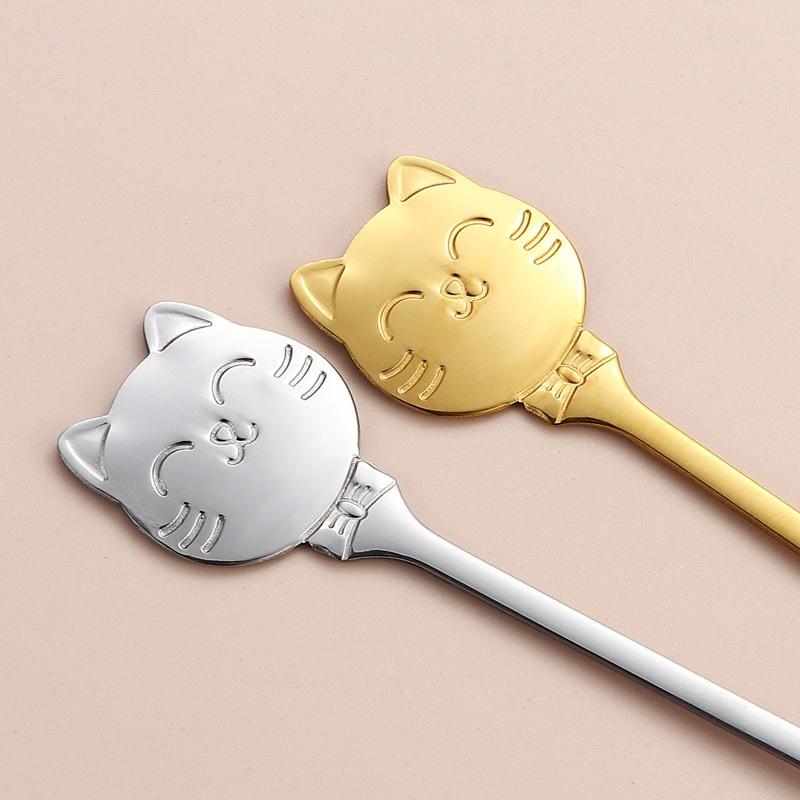 5Pcs Set 304 Stainless Steel Cat Spoon Creative Cartoon Hanging Edge Spoon Cute Coffee Spoon Gold-Plated Stirring Spoon