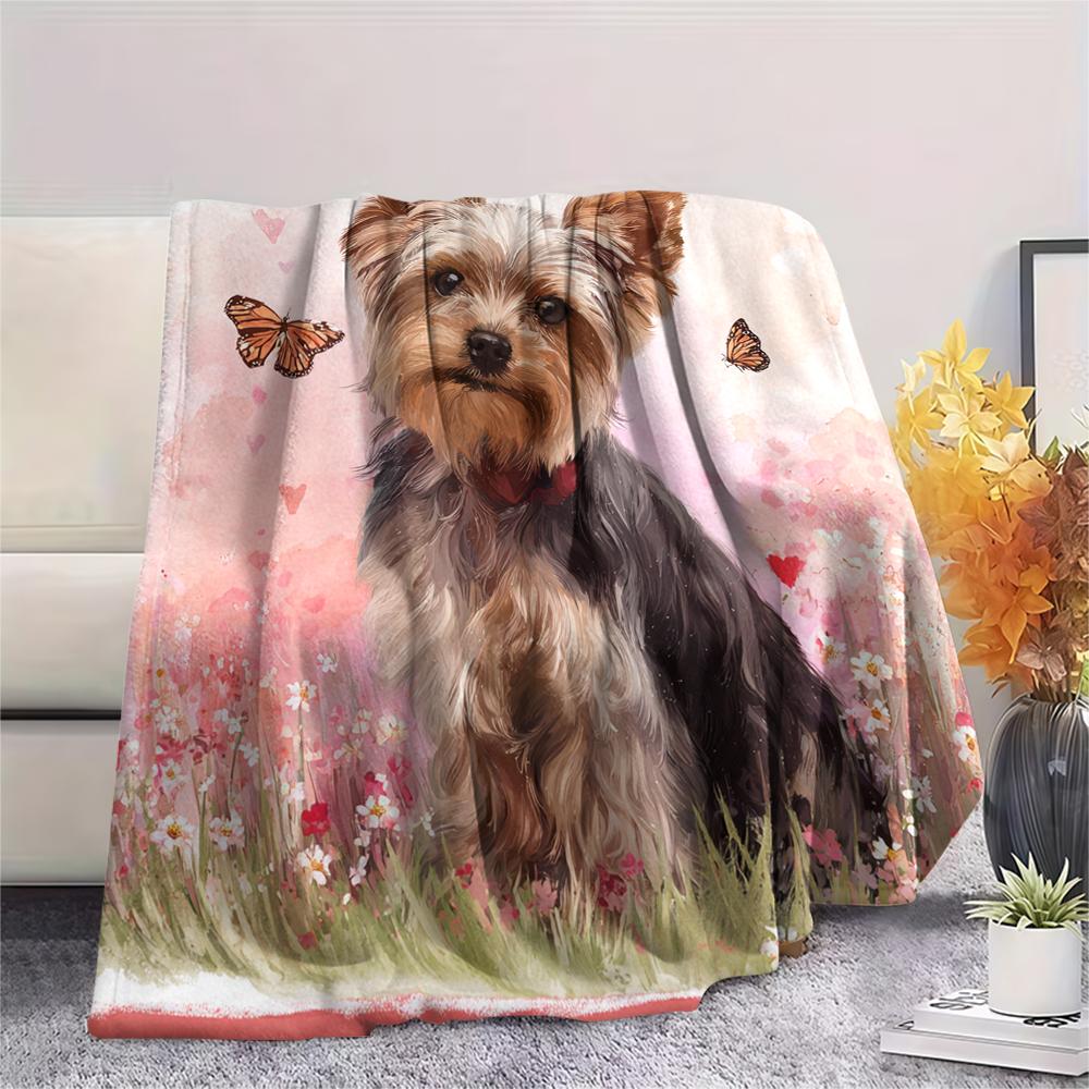 Pink Yorkshire Terrier Pattern Flannel Blanket, High Quality Comfortable for All Seasons, Home Decor, Warmth and Comfort, Perfect for Gifts.