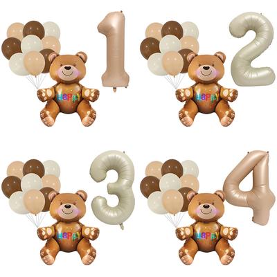 Sitzender Teddybär Geburtstagsparty Dekoration Luftballons Set 0-10 Karamell/Creme Anzahl Ballon Kinder Happy 1st 2nd 3rd Birthday Party