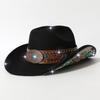 Autumn and winter men's and women's rolled-edge cowboy hat with heavy-duty belt decoration and patches