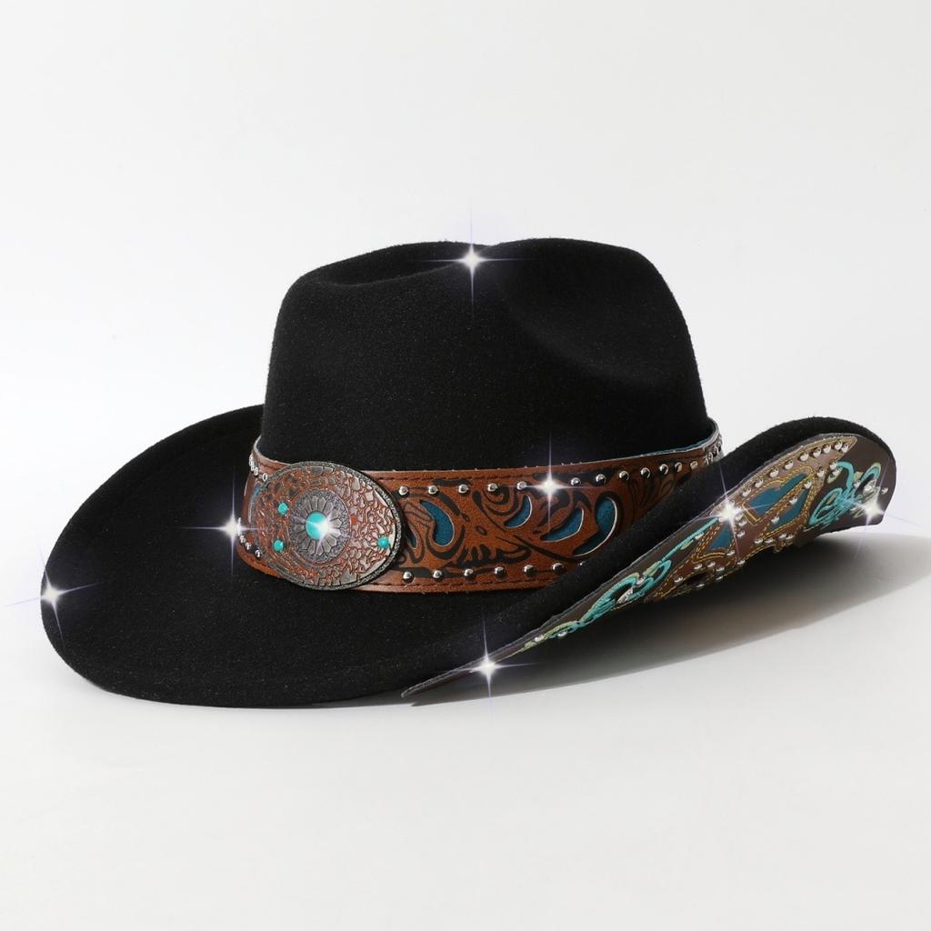 Autumn and winter men's and women's rolled-edge cowboy hat with heavy-duty belt decoration and patches