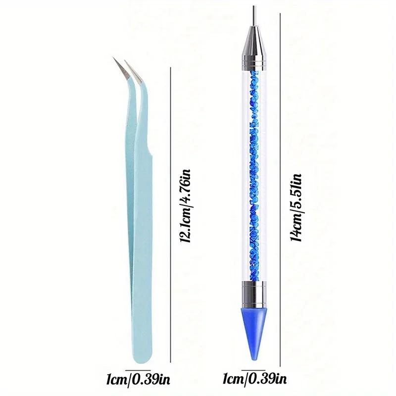 2Pcs Nail Art Diamond Pens with Diamond-encrusted Crayons with Stainless Steel Tweezers Nail Grafting Eyelashes Manicure Tools