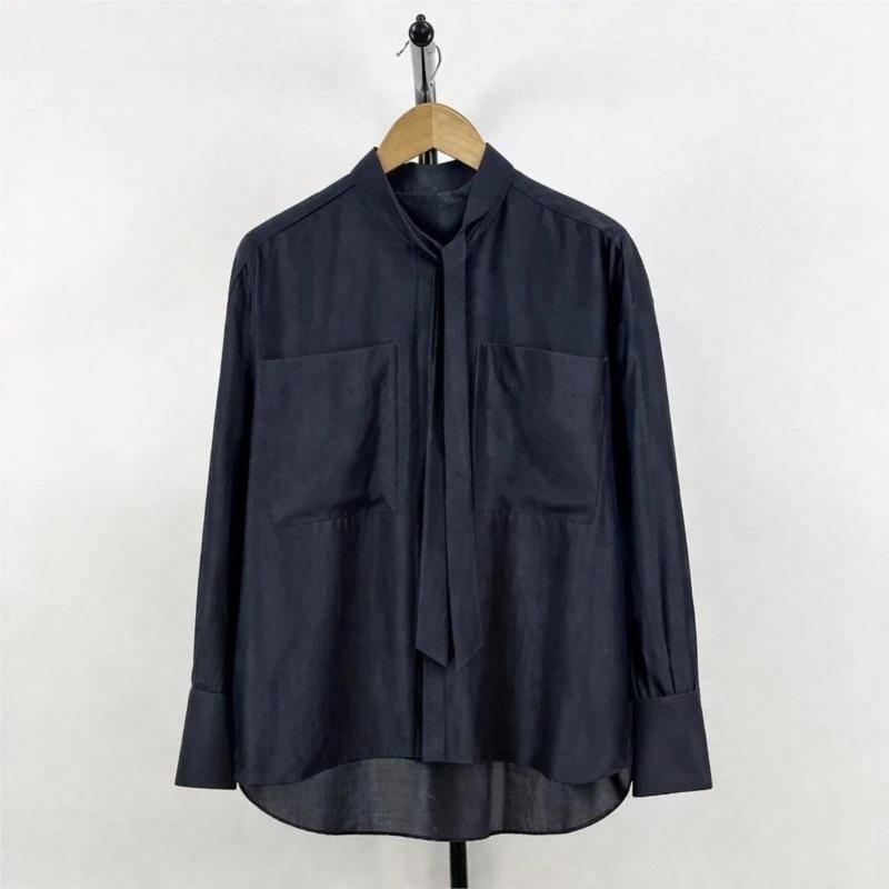 Women Satin Blouse Long Sleeve Elegant Office Shirt Female Tie Neck Loose Fit Solid Color Tops Fashion Casual Clothes Summer