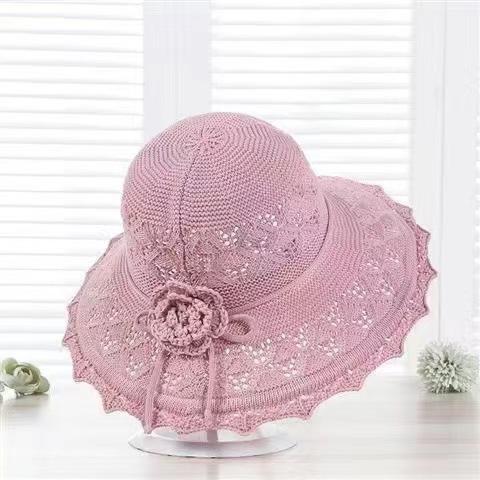 Ladies summer big eaves sunshade cotton thread knitted streamer cool hat foldable outdoor ruffle flower beach hat