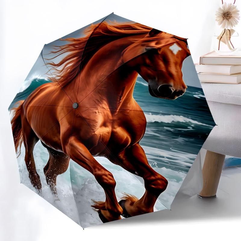 1pc Ocean Horse Automatic Folding Umbrella Portable Collapsible 8-Rib Umbrella for All Seasons, Casual Outdoor Accessory, B61