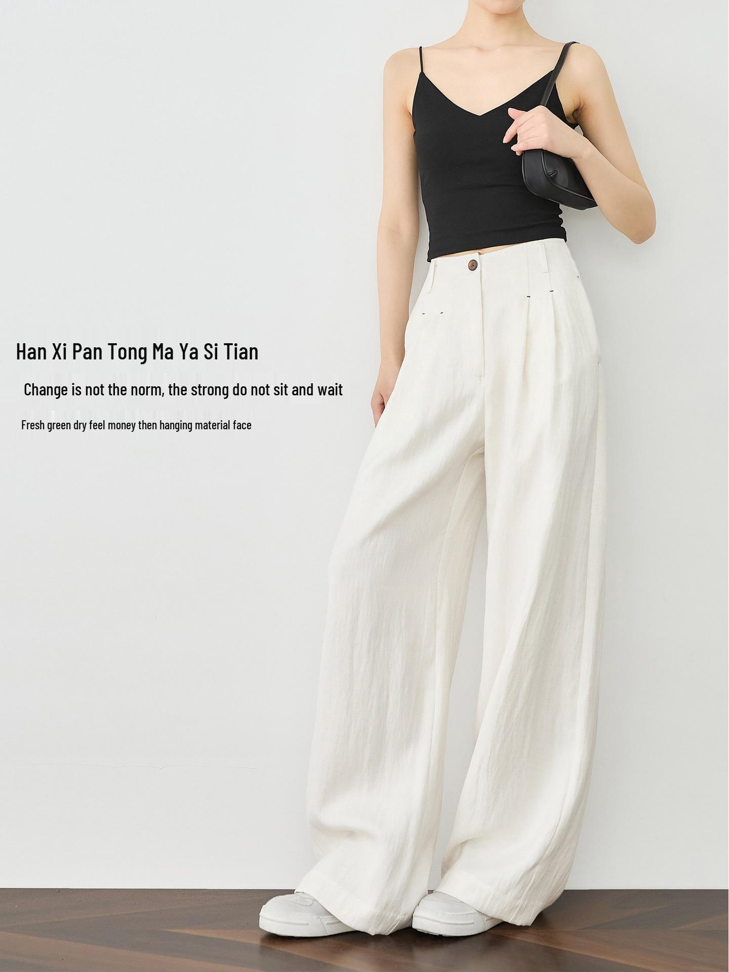 2026 Anti-See-Through White Linen High Waist Wide-Leg Women s Pants L