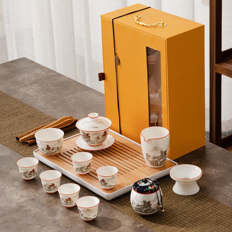 Dehua White Porcelain Sheep Fat Jade Kung Fu Tea Set Gaiwan Tea Cup Tea Tray Set Company Event Gift Souvenir