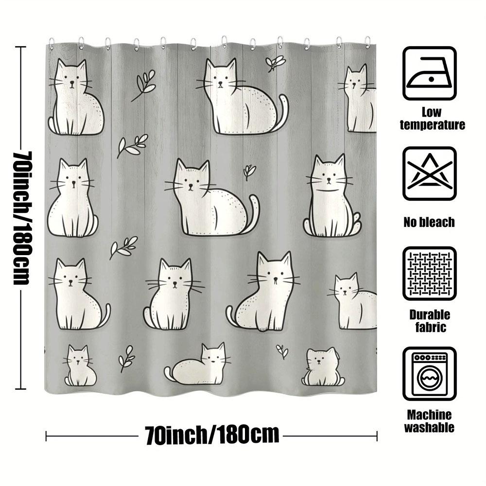Cute White Cat Pattern Shower Curtain Waterproof Easy To Clean Privacy Protection Print Kawaii Pet Art Design Minimalist 12Hooks