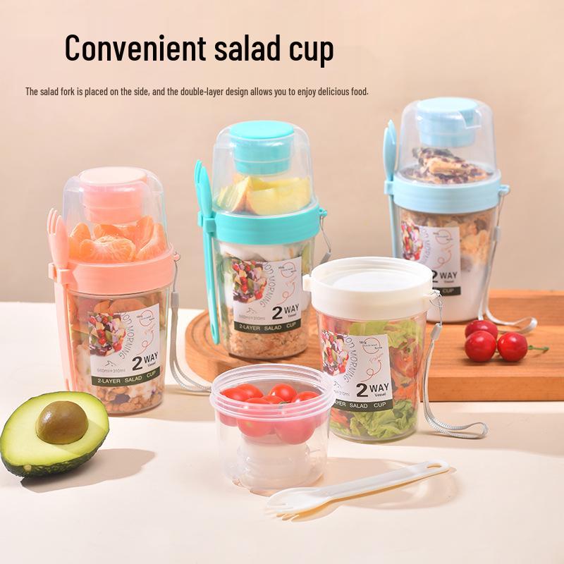 Portable Double-Layer Minimalist Salad Cup with Fork and Lid for Travel - Ideal for Yogurt, Fruit & Veggies
