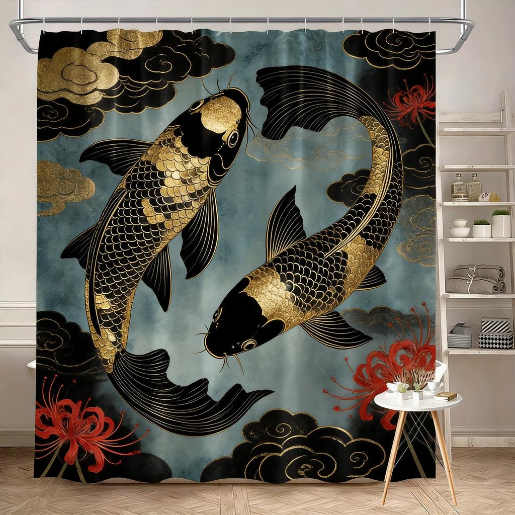 Luxury Golden Koi Fish with Cherry Blossoms Waterproof Shower Curtain for Feng Shui Bathroom Decor