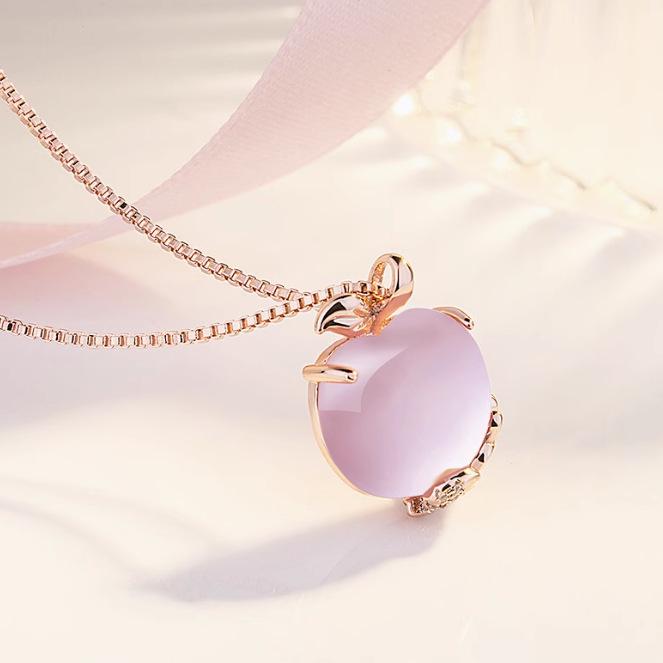 Rose Quartz Christmas Pendant Necklace - Elegant Apple Design, Non-Fading, Sweet Feminine Touch.