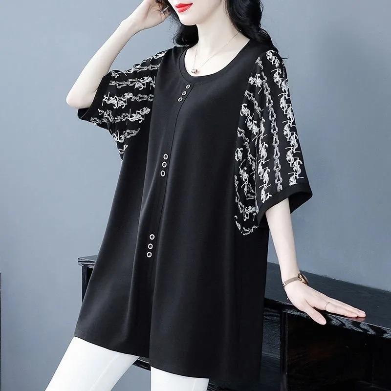 Mid-length Short-sleeved Patchwork Shirt Summer New Large Size Women's Temperament Age-reducing T-shirt Top