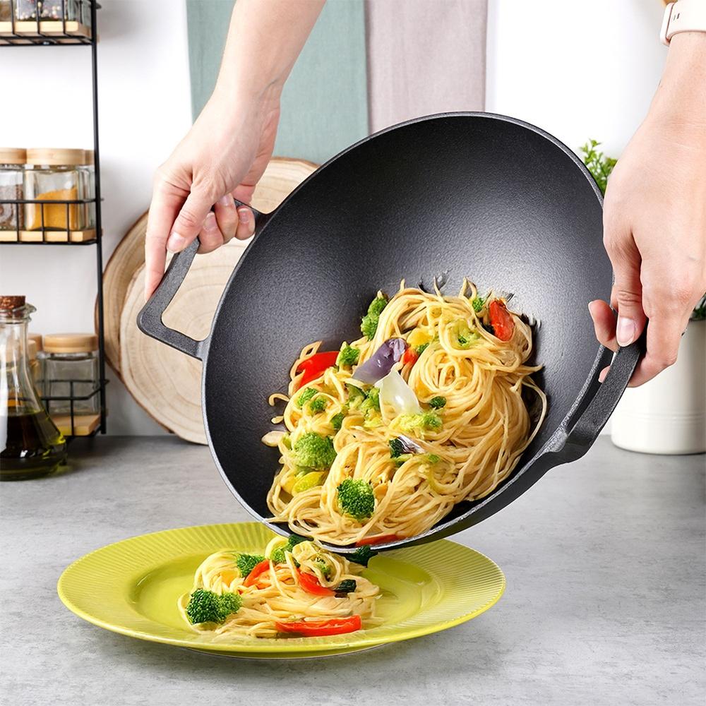 Wok de Ferro Fundido Frigideira Profunda para Fritar e Cozinhar Lentamente Pratos Asiáticos 36 cm
