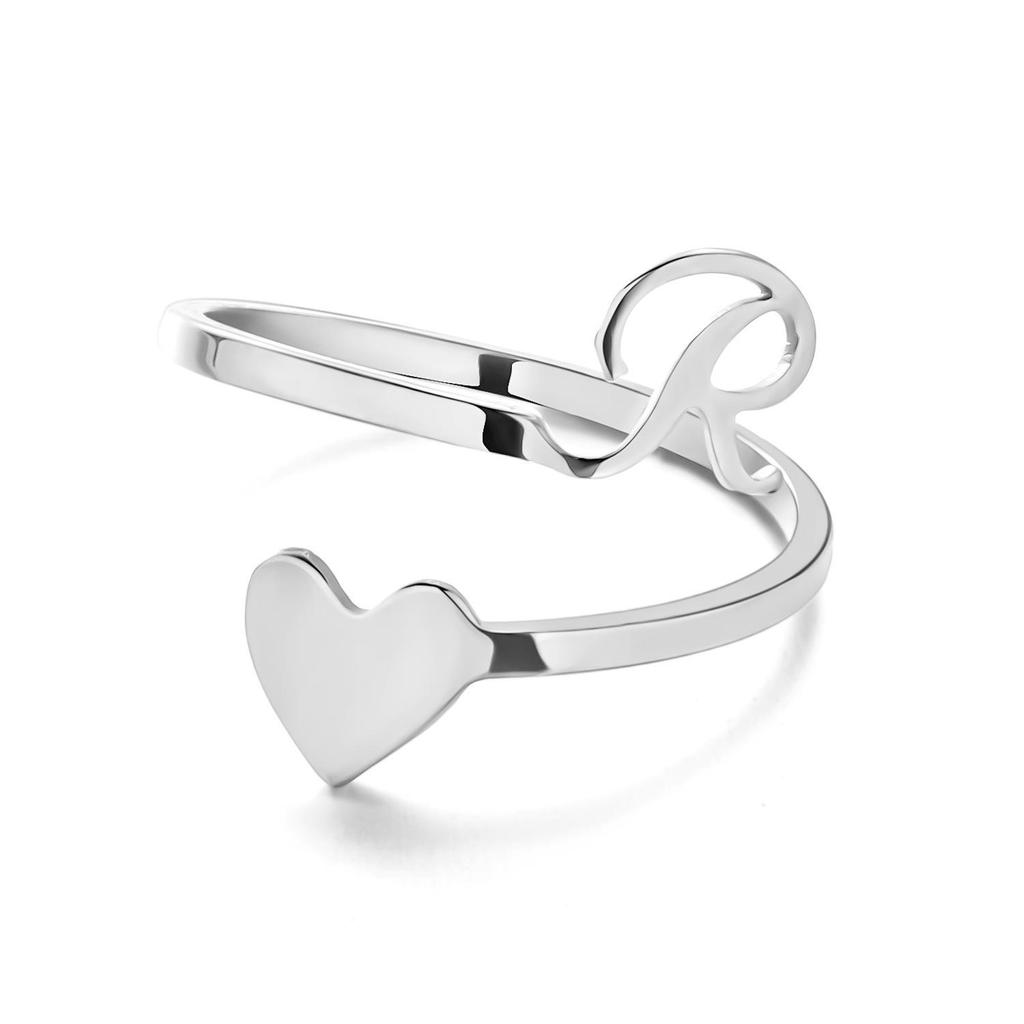 Stainless Steel Heart-Shaped Initial Ring for Women - Fashionable, Adjustable, In Stock