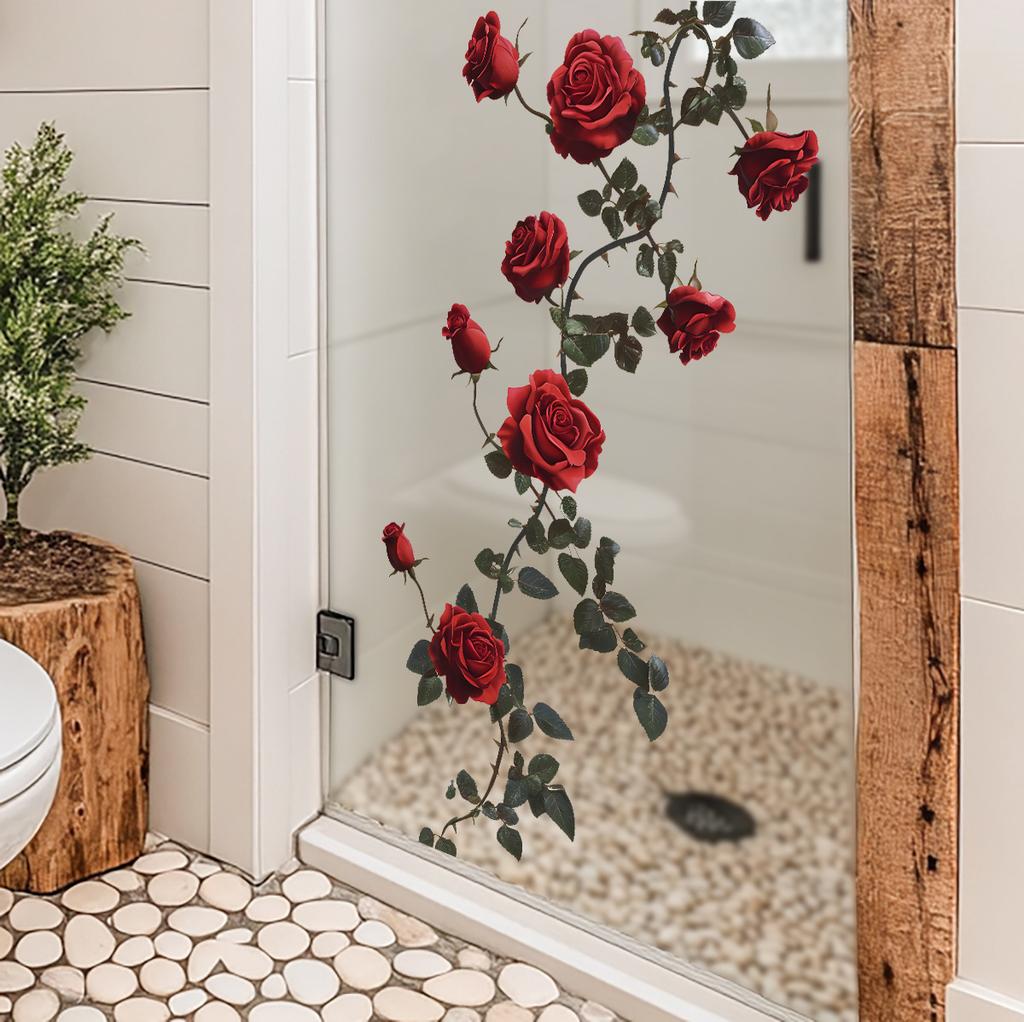 Romantic Red Rose Window Sticker Bathroom Door Glass Decoration Self-Adhesive Decal