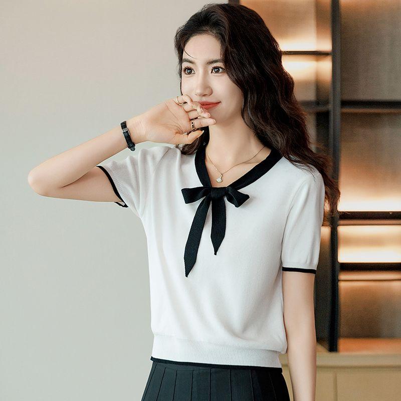 

Women s White Black Contrast Bow Neck Short Sleeve Loose Fit Casual Knit Top S белый