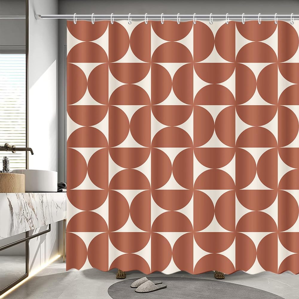 Orange Floral Shower Curtain, Vintage Mid-Century Abstract Geometric, Boho Retro Bathroom Decor, Waterproof Fabric