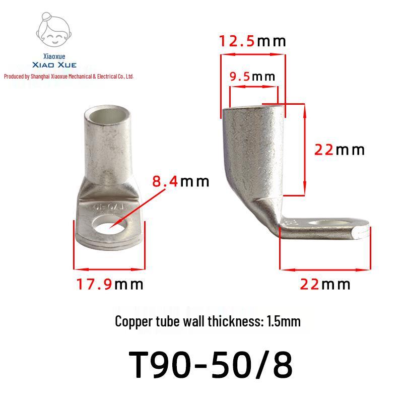 T90 Copper Tube Terminal, 90-Degree Right-Angle Bend Crimp Lug, T90-6/5 to T90-240/16 Copper Wire Lug