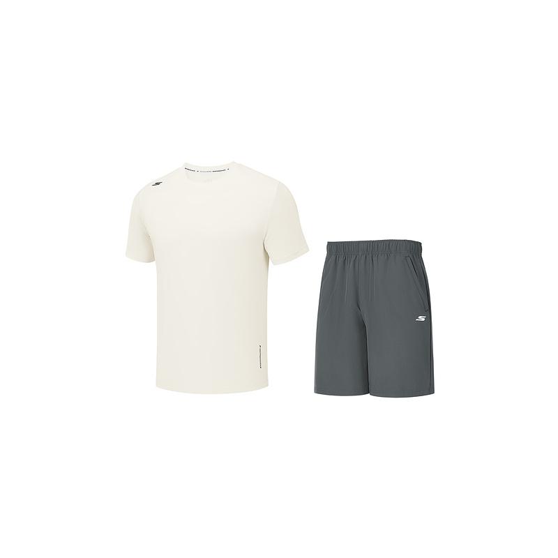 Skechers Solid Color Short Sleeve Round Neck Breathable Casual Sports Suit Unisex sets P226U055-0074 S