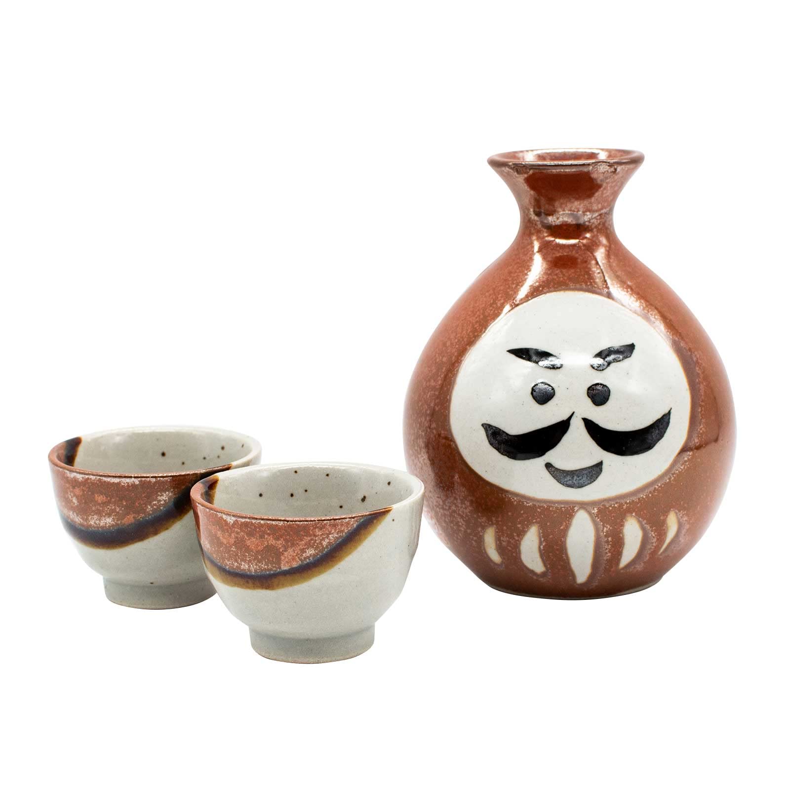 

Saidougama Mino Ware Sake Bottle and Ochoko Set, Approx. 300ml Capacity, Hot Sake, Microwaveable, Red Daruma Design, Made in Japan, E-00265
