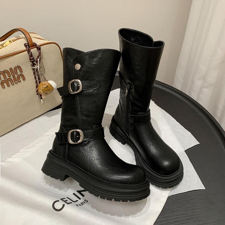 New thick-soled medium boots women's round head thick-soled 2025 autumn and winter belt buckle trendy knight boots square and Martin boots