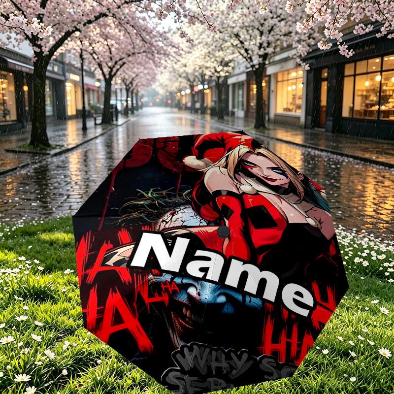 Custom Name Personalized Harley Quinn Joker Print Umbrella, Auto Open Close, 8‑Rib Sturdy Frame, Commute Camping Hiking Use, Birthday Gift