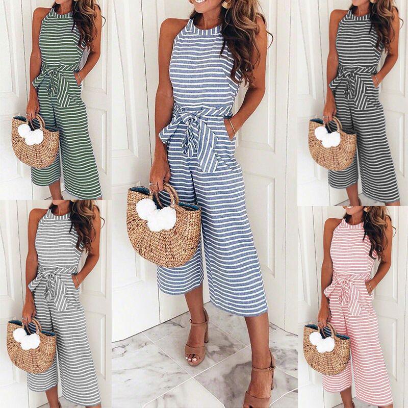 

2024 New Sexy Slim Fit Striped Round Neck Jumpsuit M