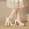 Women's Pearl Suede Mary Janes - Square Toe Chunky High Heels with Bow and Waterproof Platform