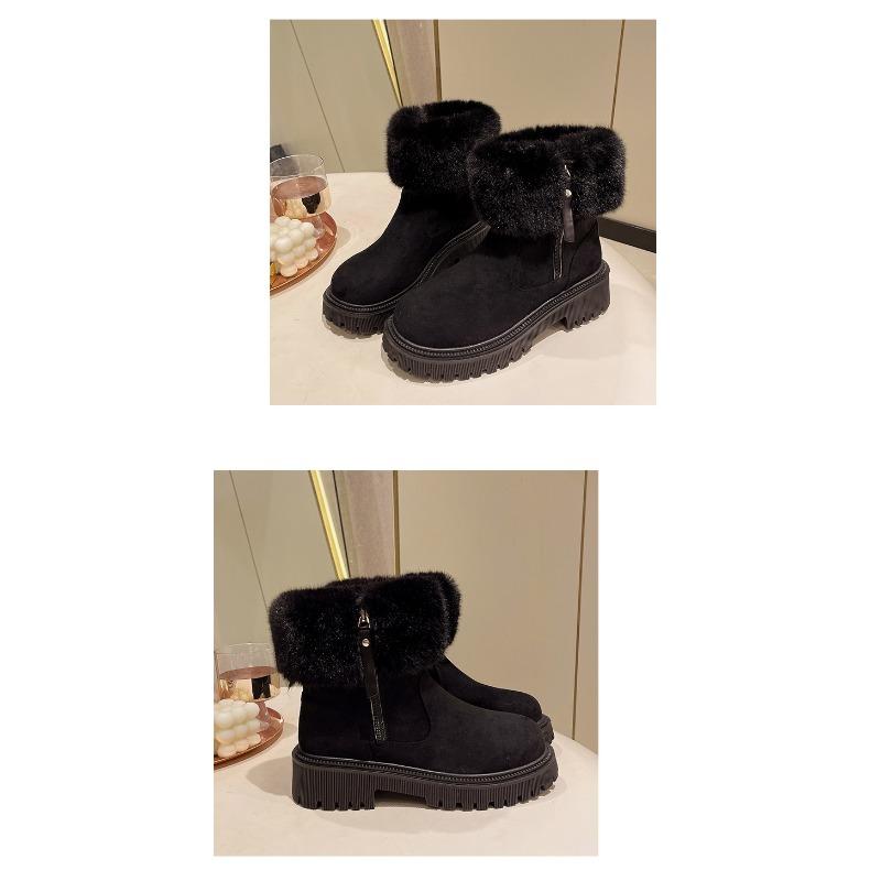 Bottes de neige à bouche poilue pour femmes, tube court, semelle épaisse, bout rond, fermeture éclair latérale et chaussures en coton chaud en peluche
