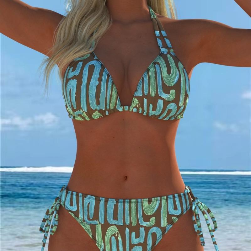 The New European and American Split Printing Splicing Neck Women's Split Swimsuit Bikini Suit Is Sexy