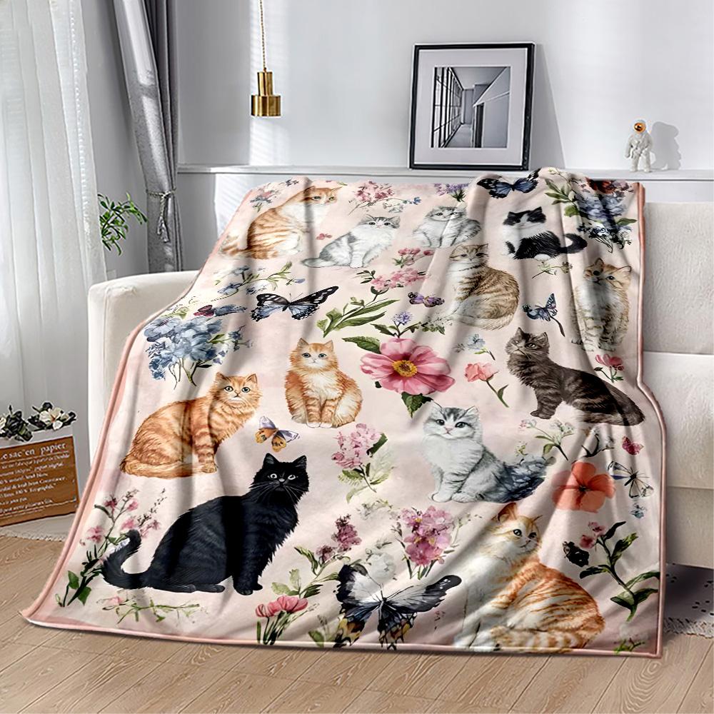 Cats In A Garden Flannel Blanket,Lightweight,Office Blanket,Sofa Blanket,Comfortable Blanket