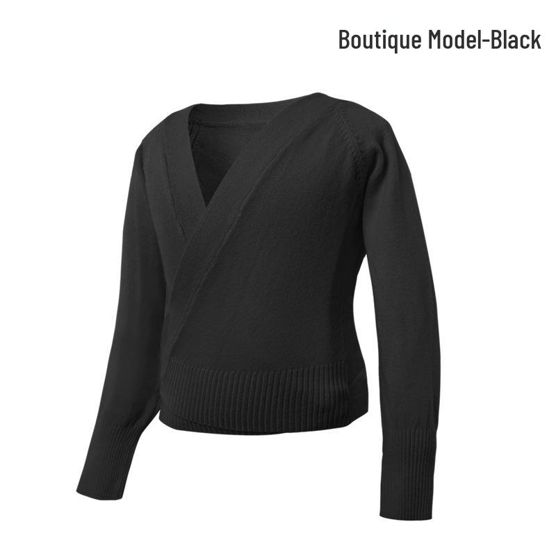 Women's Long-Sleeve Knit Dance Sweater - Black Lace-Up Shawl for Ballet Practice