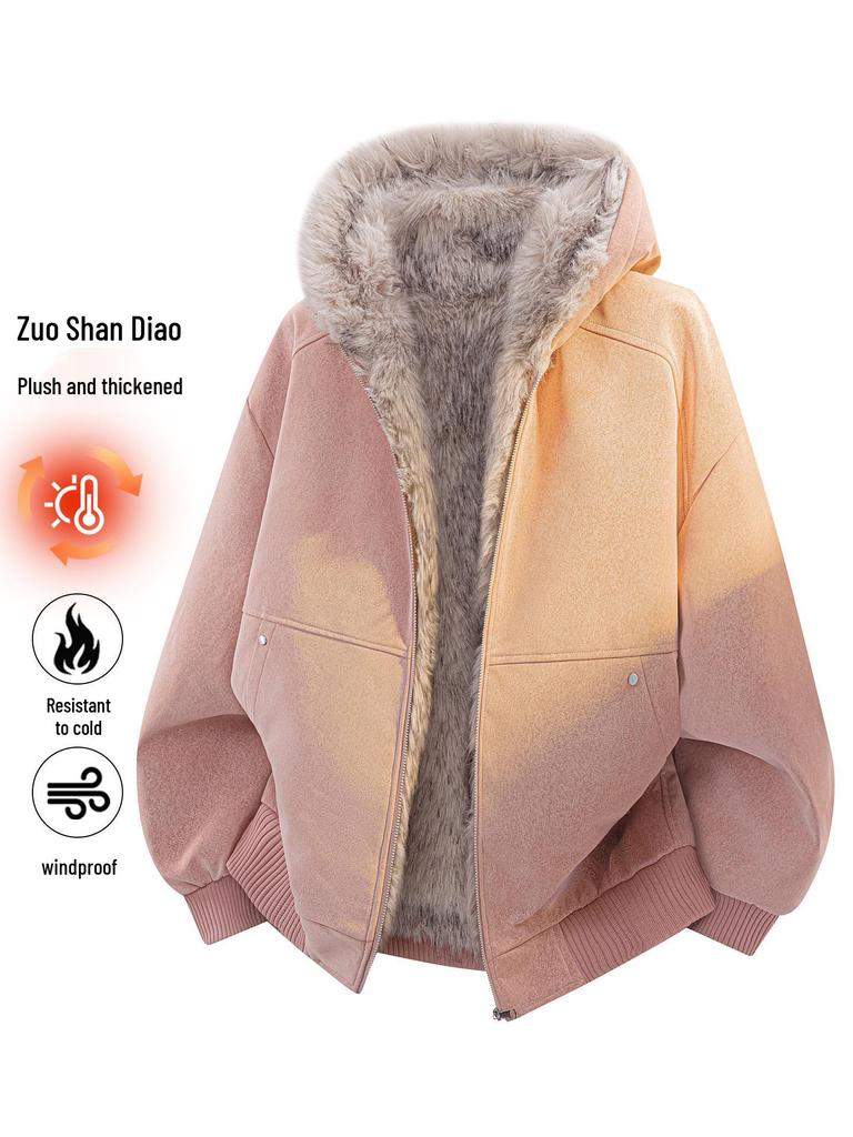 Unisex American Style Mountain Eagle Fur Collar Hooded Winter Coat - Thick Velvet Lined for Warmth and Cold Protection