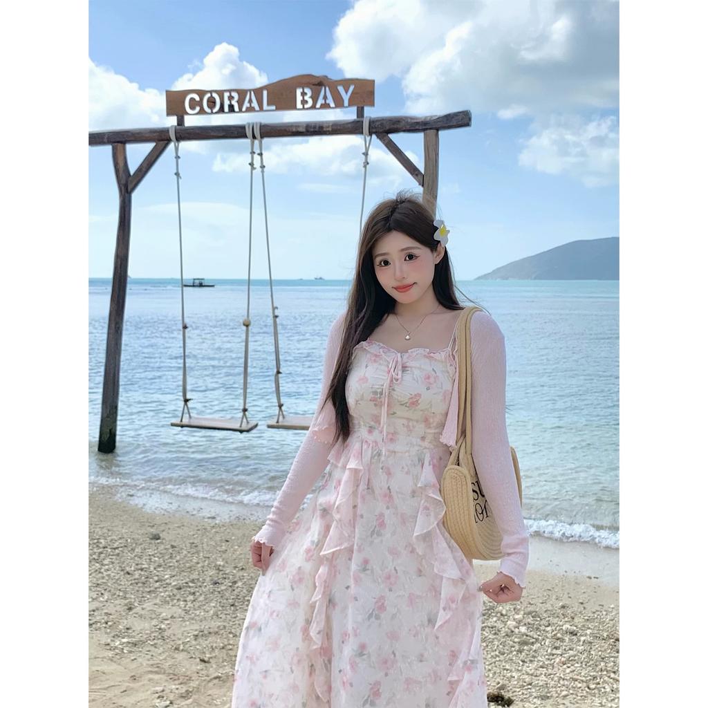 Pink Floral Dress, Gentle Temperament, Sleeveless Waist Long Suspender Skirt (single Skirt), Mind Taking Pictures Carefully
