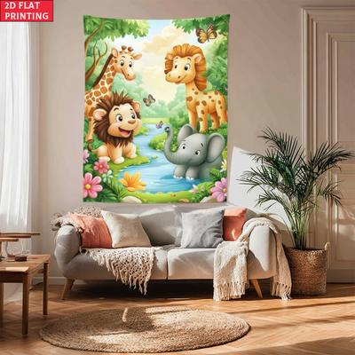 Cartoon Dschungeltiere Wandteppich Kinderzimmer Dekoration Löwe Elefant Giraffe Druck Kinderzimmer Kunst Verspieltes Design