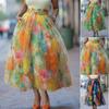 Elegant Fairy Printed Tulle Long Skirt Fashion Irregular Elastic Waist Floral Pleated A-Line Skirt