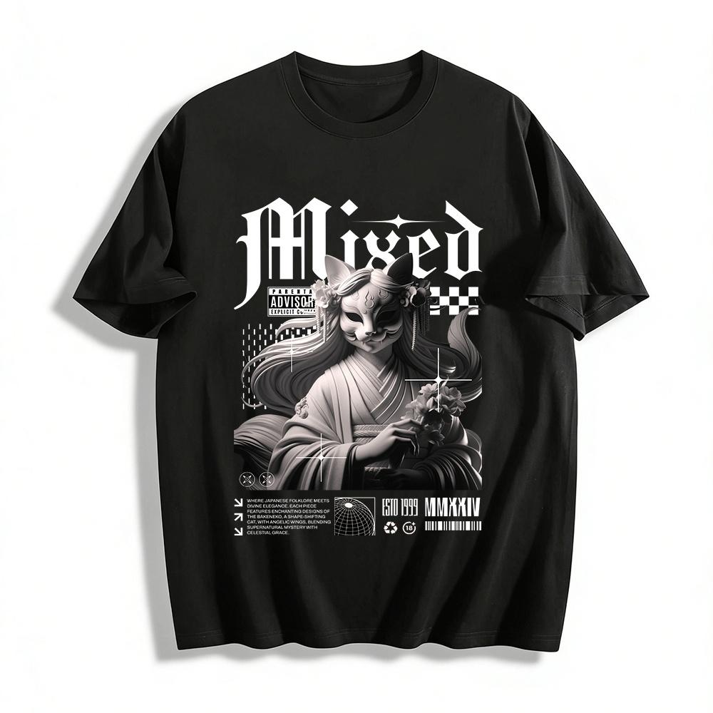 Japanese Style Kitsune Mask Print Trendy Top Pure cotton T-shirt XXS