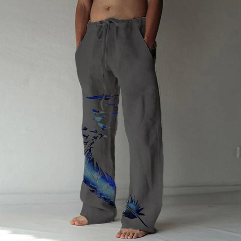 Men's 3D Feather Pattern Printed Baggy Casual Trousers,  Elastic Drawstring Waist with Pockets, for Spring Summer Home Outdoor Vacation