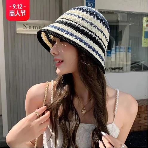 2025 New Colorful Stripe Knitted Bowl Hats for Women's Casual Versatile Korean Decoration Foldable Sun Visor Hat Bucket Hat