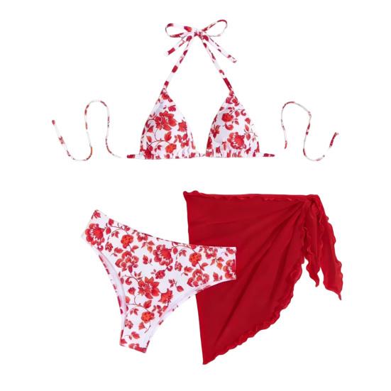 3Pcs/Set Swimsuit Set Halter Chest Pads No Underwire Bra Swimming Briefs Sheer Trim Cover Up Skirt Set Floral Print Split Swimsuit