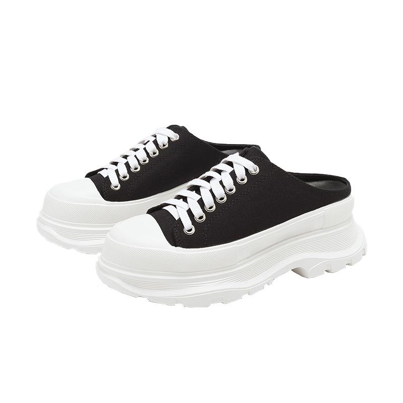 Sheepskin Version~ Spring and Summer Baotou Half Slippers Women Wear Thick Soles Inside Heightening Canvas Shoes Internet Celebrity Explosion White