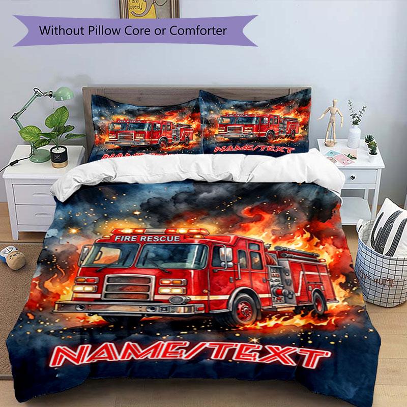 3PC Custom Name Fire Truck Courage Bedding Set Duvet Cover Closure Includes 1 Duvet Cover & 2 Pillowcases for Bedroom