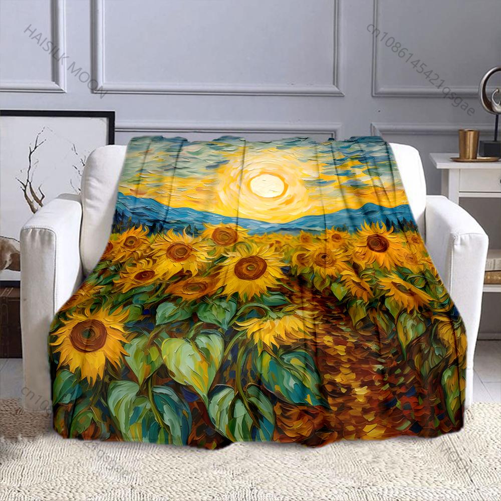 Multi-size Vibrant Sunflowers and Sky. Pattern Blanket Flannel Material Soft Warm for All Seasons, Home Outdoor Camping Picnics