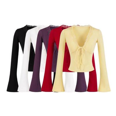 Women's Long Sleeve Lace Trim V-Neck Bell Sleeve Slim Fit Top for Autumn/Winter