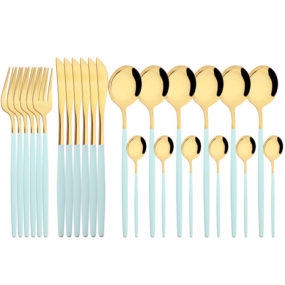 Jankng Gold 24Pcs Dinnerware Stainless Steel Cutlery Set Knife Fork Spoon Western Tableware Set Dinner Kitchen Silverware Set