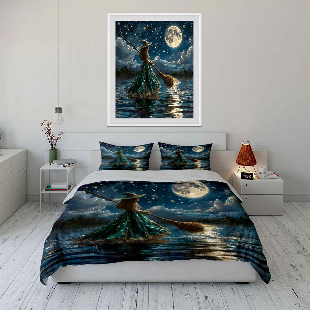 3Pcs Magical Witch Bedding Set,Young Witch on a Broom Under the Moon Print Duvet Cover + 2 Pillowcases,Fantasy Halloween Decor