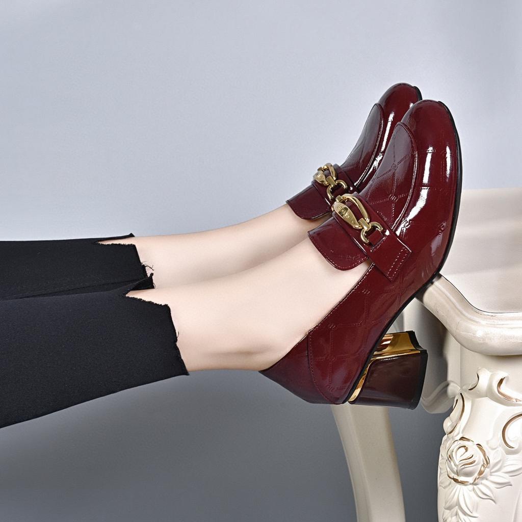 Round Head Thick Heel Single Shoes Women's Autumn and Winter New Cow Patent Leather Metal Buckle Two Kinds of High Heel Small Leather Shoes Women